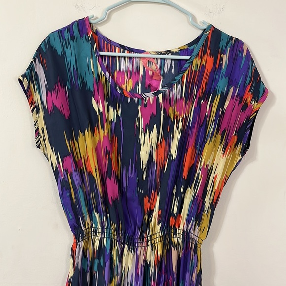 Eight Sixty 100% Silk Cap Sleeve Multicolored Cinched Waist Mini Dress M - Picture 2 of 7